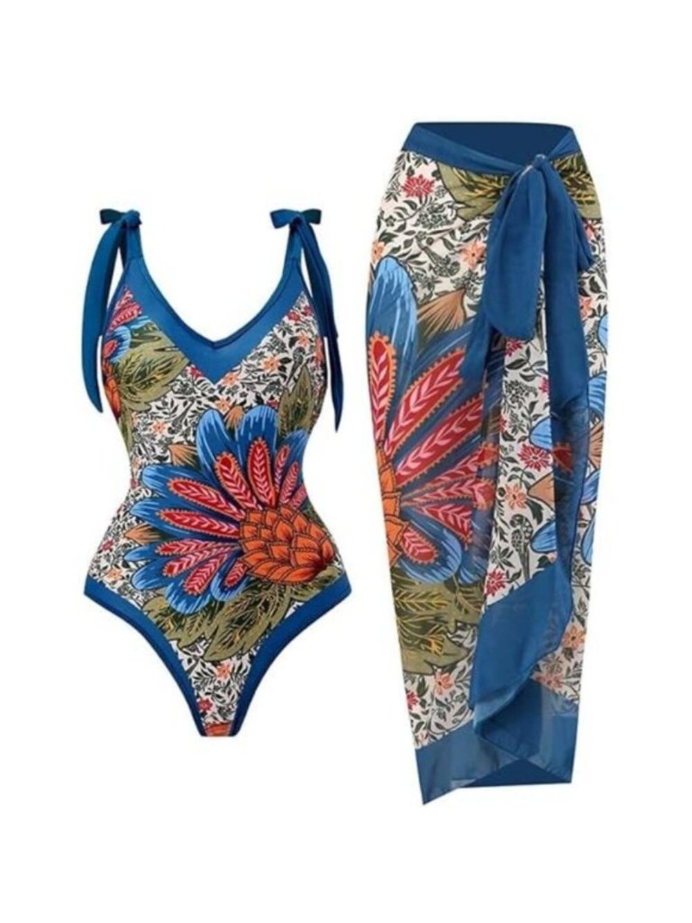 Women Swimsuits V Neck Floral One Piece with Cover Up, Blue Pineapple